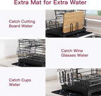 BOOSINY 2 Tier Black Large Stainless Steel Dish Drainers Drying Rack for Kitchen Counter with Drainboard, Rust Proof Metal, Space Saving, Modern Aesthetic, Compact Plates Strainers with Extra Mat