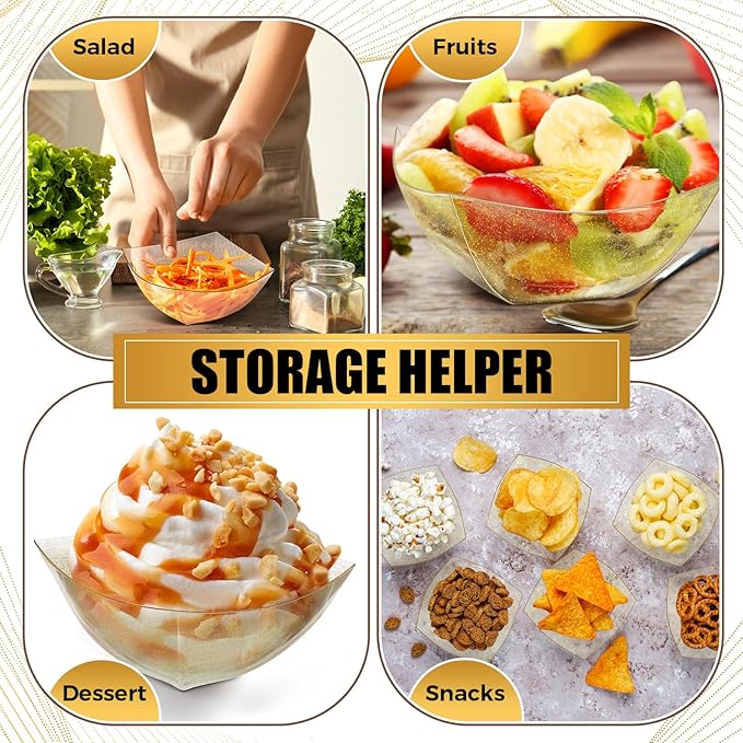Tanlade 50 Pcs Gold Square Plastic Serving Bowls 8 oz Disposable Snack Salad Bowl Small Party Candy Bar Containers Taco Bar Serving Dishes for Buffet Chips Fruit