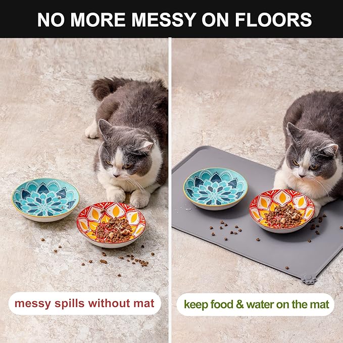 Boho 5 Ceramic Cat Bowls with Silicone Mat, 5.5 inch Wide Shallow Cat Food Bowl for Whisker Relief