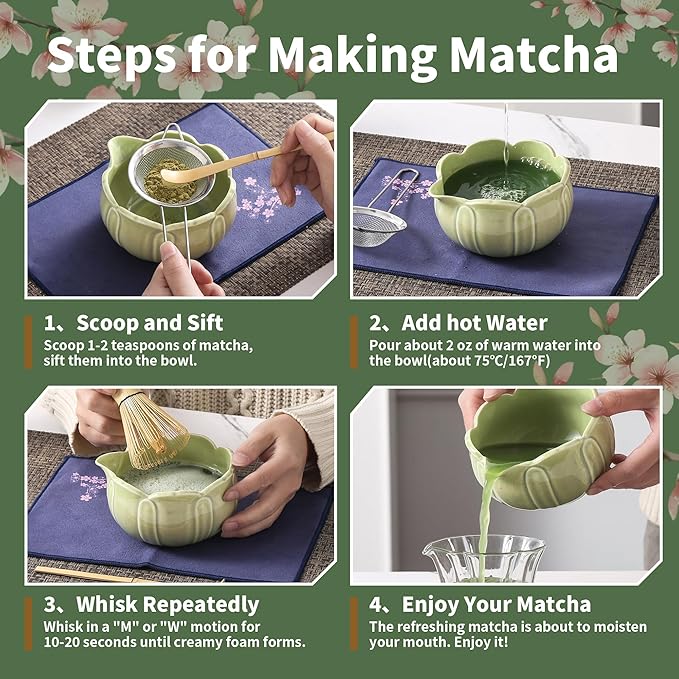 Matcha Whisk Set, Ceramic Matcha Set 8 Pcs, Matcha Kit Set Includes Matcha Bowl, Matcha Whisk and Holder, Bamboo Scoop and Rest, Sifter and Tea Towel, Ideal Gift for Family/Friend (Green)