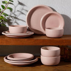 Bloomhouse - Two Time Oprah's Favorite Things Winner - Corsica Clay 12 Piece Stoneware Rustic Reactive Glaze Dinnerware Set - Stackable Plates and Bowls Set. Service for 4 - Matte Prosecco Blush Pink