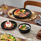 E-far 12-Piece Stoneware Plates and Bowls Sets, Dinnerware Sets for 4, Ceramic Dishware Dishes Set with Terracotta Base, Chip & Scratch Resistant, Microwave & Dishwasher Safe, Matte Black