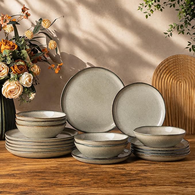 GBHOME Stoneware Dinnerware Sets for 6, 18 Pieces Rustic Ceramic Plates and Bowls Set, Handmade Reactive Glaze Plate Sets, Highly Chip Resistant Dishes, Microwave & Dishwasher Safe, Green Wheat