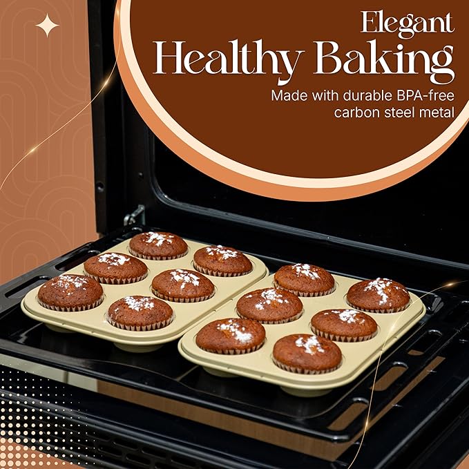 8 Piece Nonstick Stackable Bakeware Set - 8 Piece Nonstick Bakeware Set - Easy Storage, 450°F Oven Safe, Durable Design, Muffin, Loaf, Baking Sheets, Round & Square Pan, Roaster; BPA-Free (Beige)