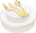 YOUBET 125PCS White Plastic Plates with Gold Rim, Gold Plates Disposable with Golden Silverware Include 25 Dinner Plate 25 Dessert Plate 25 Forks 25 Knives 25 Spoons For Wedding, Parties