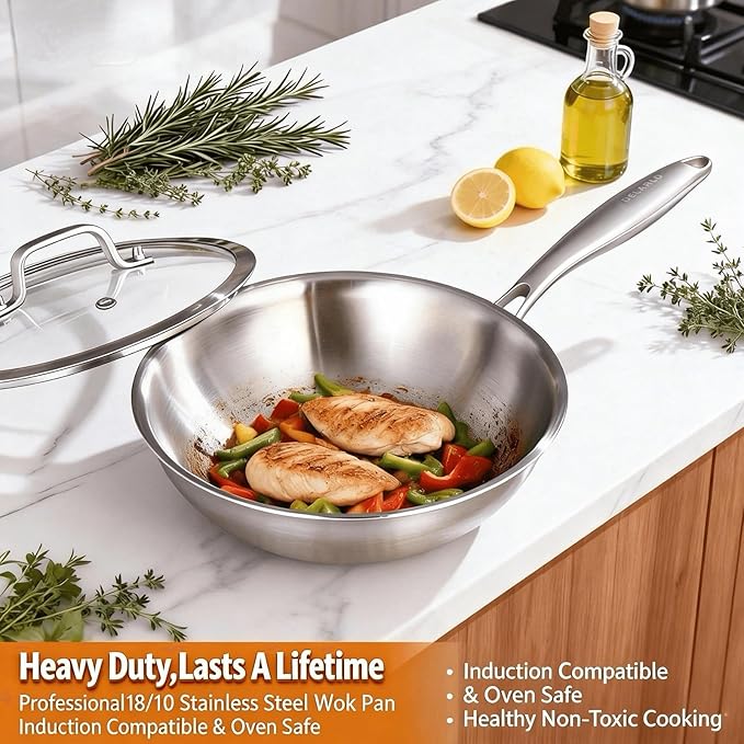 DELARLO Whole Body Tri-Ply Stainless Steel Wok 9.45 inch, Deep Kitchen Stir-Fry Pan, Small Wok Pan with Lids, Induction Mini wok, Suitable for All Stove, Up to 650℉, Detachable Handle