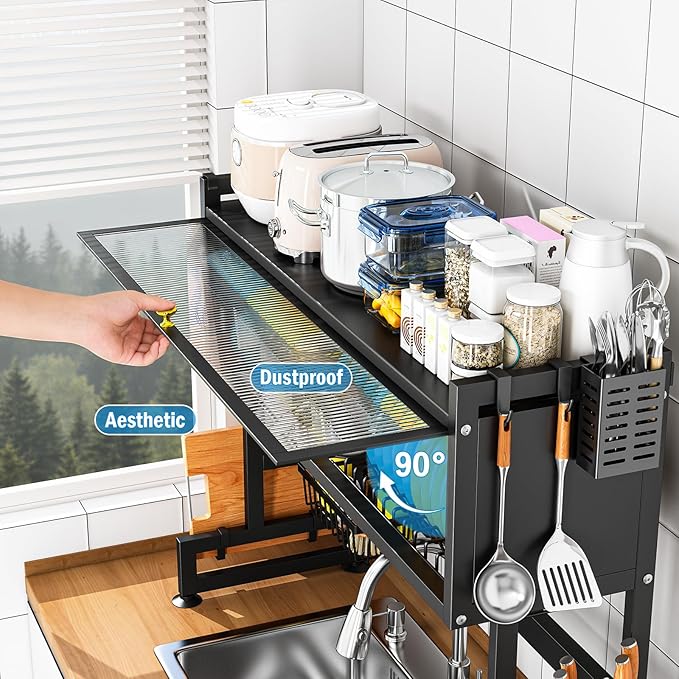 SNSLXH 2-Tier Over The Sink Dish Drying Rack, 33.66"×31.1"×11.81", Large Sink Rack for Kitchen, Saving Kitchen Space, Cover Design Holds Dishes, Bowls, and Cutlery, Kitchen Sink Shelf