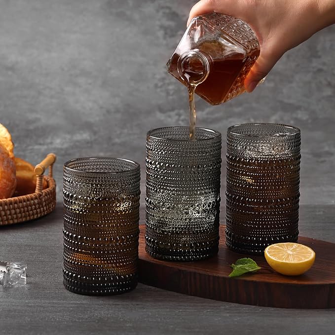 Moretoes Large Hobnail Drinking Glass Set of 12,15oz Gray Vintage Glassware,Embossed Glass Cups,Water Tumbler,Highball Glasses For Beer, Juice And Various Mixed Drinks