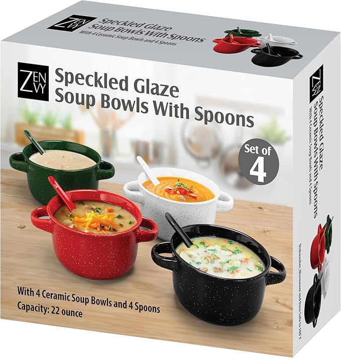 ZENVY Soup Bowl Set of 4 | Ceramic Soup Bowls and Spoons | 22 Ounce (Speckled Glaze)