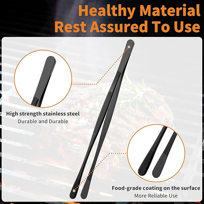 Metal Tongs & Kitchen Tweezers Set, 4 Pcs 12'' & 10'' Stainless Steel Tong and Cooking Tweezers with Two Types of Jaws and Non-Slip Design, Food-Grade Coating, High Strength for BBQ & Platter, Black