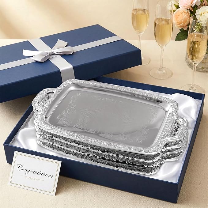 4 Pcs Silver Serving Tray with Handles, Vintage Floral Metal Silver Platter Tray, Elegant Silver Trays for Wedding Tableware Party Decoration