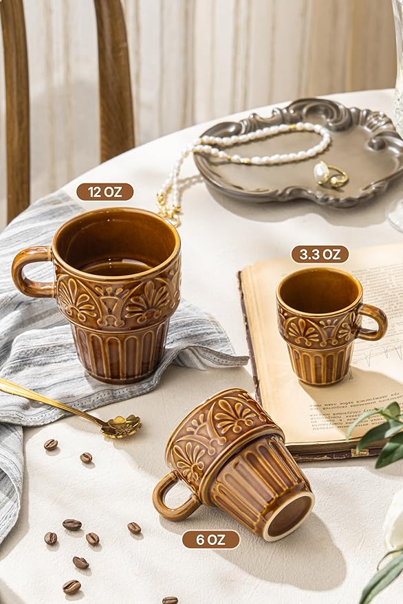 Espresso Cups Set of 6, Cappuccino Cups, Stackable Mug 6 OZ Ceramic Coffee Mug, Microwave & Dishwasher Safe, Tea Cocoa for Family Daily Use & Gathering, Great Gift for Any Special Occasion, Brown
