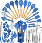 Kaluns 50 PCS Silicone Kitchen Utensils Set Complete Kitchen Set - 800°F Heat Resistant Non-Stick Premium Cooking Utensils W Wooden Handles - Can Opener, Masher, Turner, Silicone Spatula Set