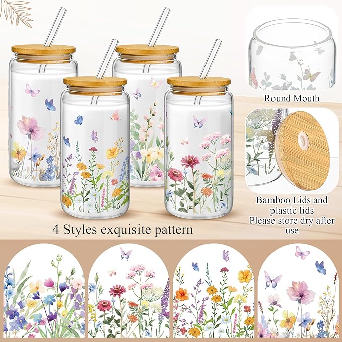 Mumufy 4 Pack Gift for Women Wild Flower Glass Cup Tumbler Butterfly Iced Coffee Mugs 16 oz Glass with Bamboo Lid & Straw, Christmas Mothers Day Birthday Gift for Mom Sister Bridesmaid Baby Shower