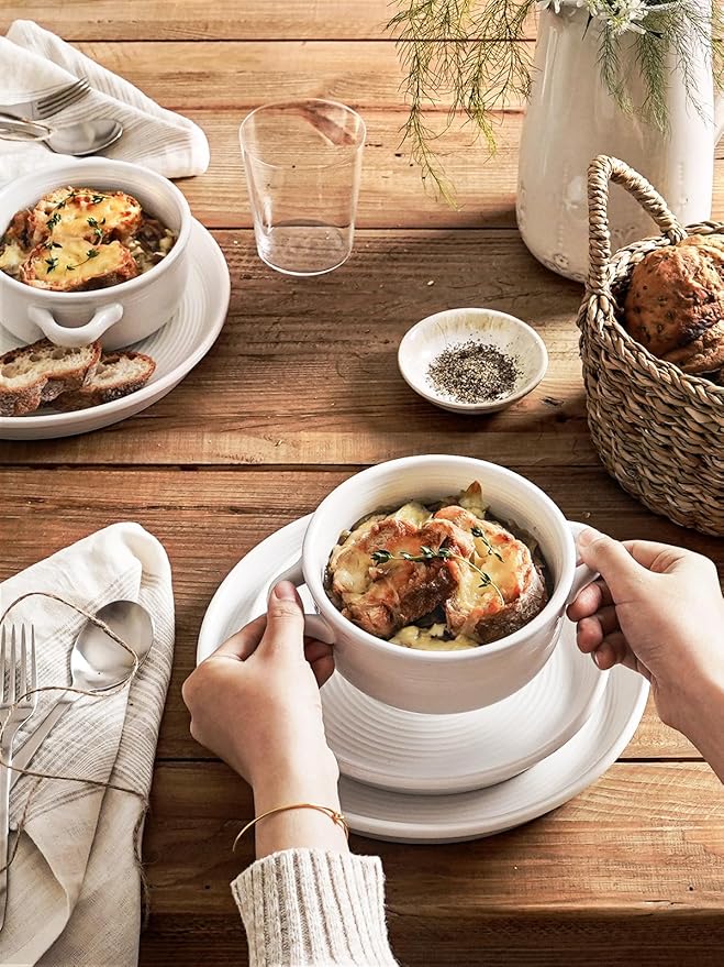 LE TAUCI Soup Bowls with Handles - 22 oz Lead-Free Ceramic French Onion Crocks, Oven and Microwave Safe, Heat-Resistant Design, Stackable, Dishwasher Safe, Set of 4, White