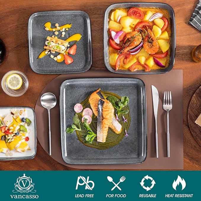 vancasso Stern Gray Dinnerware Set Square Reactive Glaze Tableware 16 Pieces Kitchen Dinnerware Stoneware Crockery Set with Dinner Plate, Dessert Plate, Bowl and Soup Plate Service for 4