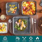 vancasso Stern Gray Dinnerware Set Square Reactive Glaze Tableware 16 Pieces Kitchen Dinnerware Stoneware Crockery Set with Dinner Plate, Dessert Plate, Bowl and Soup Plate Service for 4