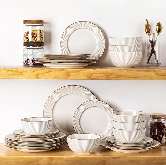 GBHOME Ceramic Dinnerware Sets, 36 pcs Embossed Elegant Stoneware Plates and Bowls Sets, Housewarming Wedding Gift | Dishwasher & Microwave Safe | Dishes Set Service for 12
