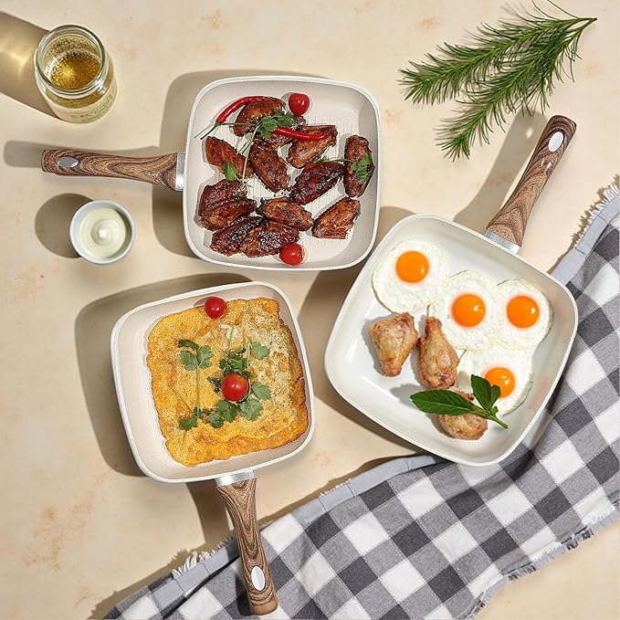 NEWBULIG Nonstick Frying Pan Skillets Set, with Detachable Stay-Cool Handle, Non toxic Induction Cookware, Free of Intentionally Added PFOA, Dishwasher ＆ Oven Safe, (9.5", 10.2", 11") Beige