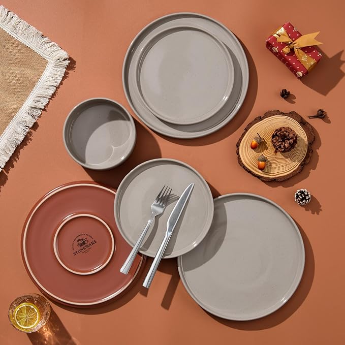 LIANYU Plates and Bowls Sets, 24 Pieces Stoneware Dinnerware Set for 8, Modern Kitchen Dinner Set Ceramic Dishware Dishes Set, Microwave and Dishwasher Safe, Terra Brown
