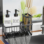 MASADI Kitchen Dish Soap Dispenser Set with Sponge Holder, 12OZ Glass Bottle, Hand and Dish Soap Dispenser Set, Non-Slip Silicone Pad, Brush Holder, Kitchen Sink Organizer Countertop (Black+White)