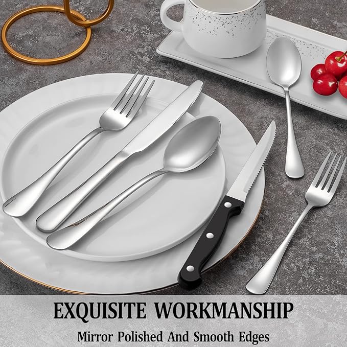 MUTNITT Silverware Set with Steak Knives Service for 4,Stainless Steel Flatware, Mirror Polished Cutlery Utensil Set for Home Kitchen Eating Tableware, Include Fork Knife Spoon, Dishwasher Safe