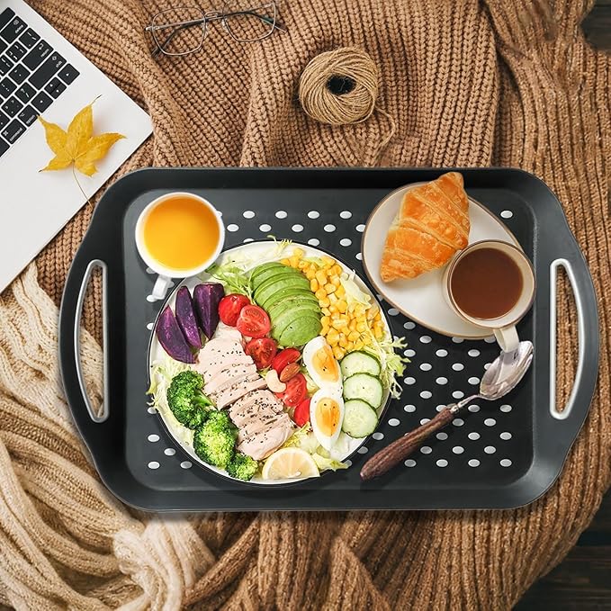 2PCS Large Non-Slip Serving Tray with Handles TV Lap Trays for Eating on Couch Food Serving Tray with Silicone Grippy Dots for Dinner Snack Fruit Dessert Breakfast (Black - 2pcs)