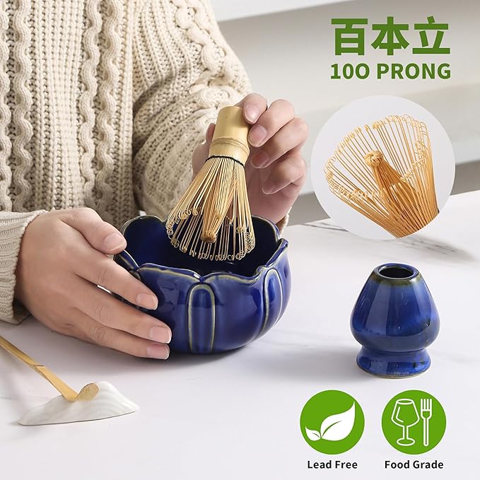 Matcha Whisk Set, Ceramic Matcha Set 8 Pcs, Matcha Kit Set Includes Matcha Bowl, Matcha Whisk and Holder, Bamboo Scoop and Rest, Sifter and Tea Towel, Ideal Gift for Family/Friend (Navy Blue)