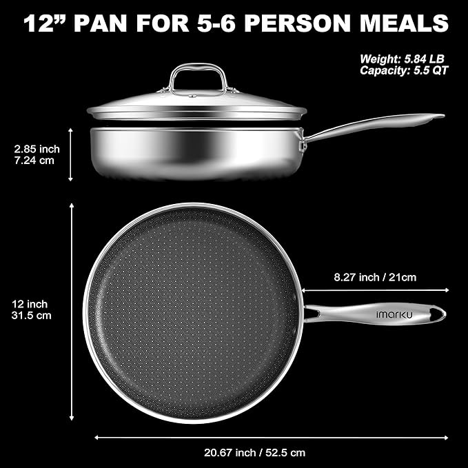 imarku 12" Non Stick Frying Pan with Lid, Stainless Steel Pan with Durable Ceramic Coating, 5.5-Quart Deep Skillet for Family Meals, Induction Cookware, Oven & Dishwasher Safe, PFOA Free