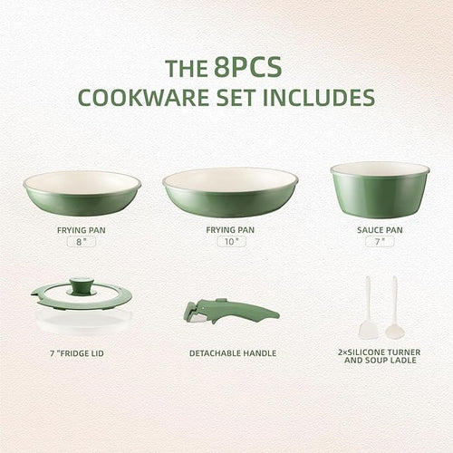8PCS Ceramic Cookware,Nonstick Ceramic Pan, Removable Handle Pots and Pans Set, Stackable Set, Nonstick Pan Pots and Pans Set Non Stick pot (Green)