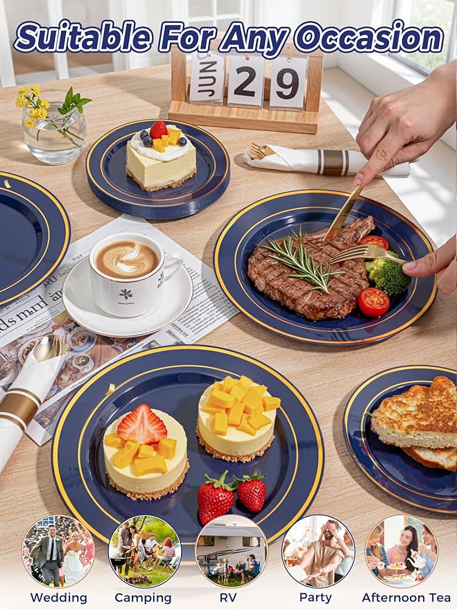 WDF Partyware 175PCS Blue and Gold Plastic Plates - Navy Blue Plates with Pre Rolled Napkins for Party - 25Guest Disposable Dinnerware Sets for Party/Birthday/Wedding/Graduation