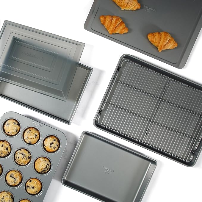Calphalon Titan 10-Piece Nonstick Bakeware Set, Steel Core PFA-Free Nonstick Coating, Oven Safe, Includes Sheet Pans, Muffin Pan, Round Cake Pans, Loaf Pan and Cooling Rack, Silver