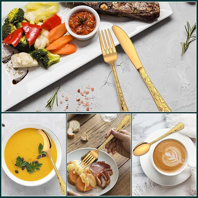 Gold Silverware Set, 30 Pieces Vintage Carved Flatware Set for 6, Stainless Steel Cutlery Set with Knife/Fork/Spoon,Utensil Set for Home and Kitchen, Dishwasher Safe