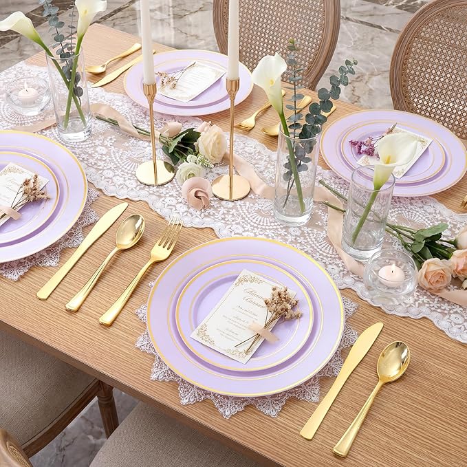 WDF Partyware 175PCS Purple Plates Disposable - Lavender Plastic Plates 25Guests Plastic Dinnerware with Rolled Napkins for Birthday/Spring/Baby Shower/Mother's Day
