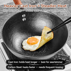 Cast Iron Wok with Lid, 10.2 Inch Flat Bottom Small Wok, Handcrafted Uncoated Iron Wok Stir Fry Pan with Wooden Handle, Tortoise Shell Texture, for Gas Electric Induction