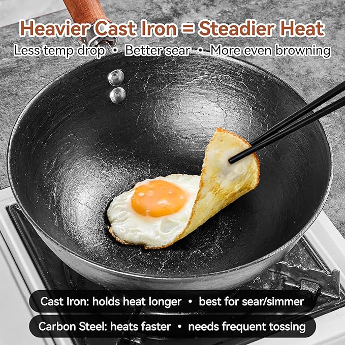 Cast Iron Wok with Lid, 10.2 Inch Flat Bottom Small Wok, Handcrafted Uncoated Iron Wok Stir Fry Pan with Wooden Handle, Tortoise Shell Texture, for Gas Electric Induction
