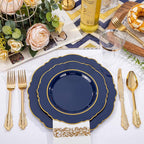 KIRE 210Pcs Navy Blue Plastic Plates - Blue and Gold Plates Disposable - 30guest Baroque Plastic Dinnerware for Upscale Wedding/Parties/Passover/Graduation