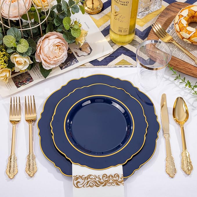KIRE 210Pcs Navy Blue Plastic Plates - Blue and Gold Plates Disposable - 30guest Baroque Plastic Dinnerware for Upscale Wedding/Parties/Passover/Graduation
