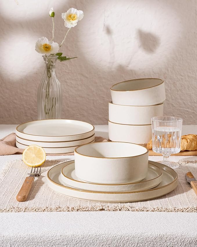 Famiware Nebula Plates and Bowls Sets, 24 Pieces Stoneware Dinnerware Sets, Reactive Glaze Dish Set, Dishes Set for 8, Matte Beige White with Brown Rim