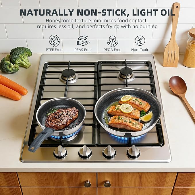 Hybrid Non Stick Frying Pans Set 3-Piece, 8 & 9.5 Inch Tri-Ply Stainless Steel Pans Set with Detachable Handle, PFOA Free Kitchen Skillets for All Cooktops, Dishwasher & Oven-Safe Cooking Pan