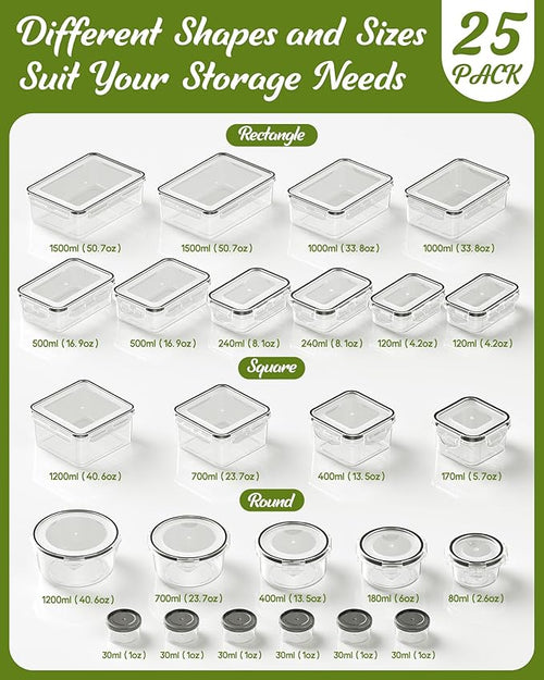 50 Piece Food Storage Containers with Lids(25 Containers & 25 Lids), BPA-Free Plastic Food Containers for Kitchen Storage and Organization, Leak Proof Meal Prep Container, Includes Labels & Pen