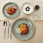 Pokini Plates and Bowls Sets for 8, 24 Piece Dinnerware Set for Large Families & Entertaining, Elegant Design, Dishwasher & Microwave Safe, Chip Resistant and Durable, Gray Green