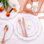 NOCCUR 175PCS Rose Gold Plastic Plates with Disposable Silverware - Include 25Dinner Plates, 25Dessert Plates, 25Forks, 25Knives, 25Spoons, 25Cups, 25Napkins for Party/Mother's Day