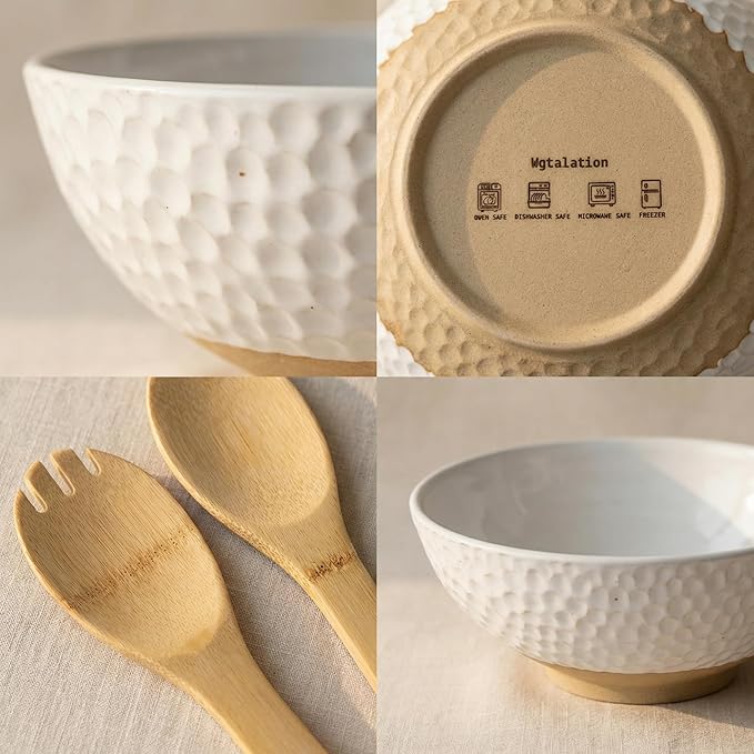 Large Ceramic Dinner Bowl - Handmade Salad Bowl Set, 58 oz. Dishwasher and Oven Safe, Vanilla White 9.5 inch”