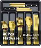 BEWOS 49-Piece Gold Silverware Set with Organizer - Stainless Steel Silverware Set for 8 with Drawer Organizer, Mirror Polished Flatware Set for Home and Restaurant, Dishwasher Safe