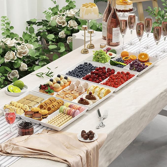 Lifewit Serving Tray Divided for Party Supplies, 12 PCS 15" x 10" Plastic Platters for Serving Food, White Reusable Tray for Veggie, Snack, Fruit, Cookies, Desserts in Kitchen/Pantry