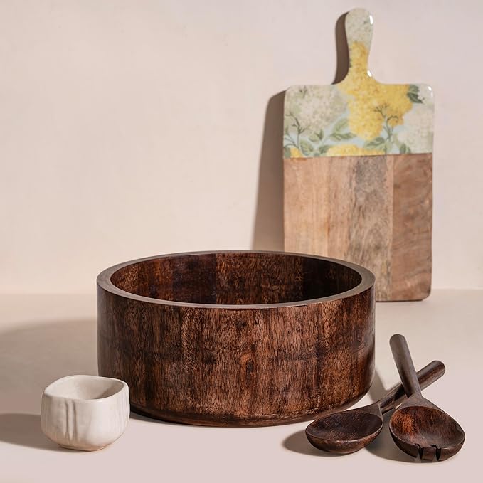 Luxe Designs 12" Dark Burnt Wooden Salad Bowl Set with Serving Utensils Eco-Friendly, Multipurpose Mixing & Serving Bowl for Salads, Pasta, Fruits & More – Durable & Stylish Kitchen Essential