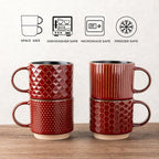 GBhome 6 OZ Stackable Coffee Mugs, Ceramic Coffee Mugs with Texture Patterns for Man,Woman,Dad,Mom, Modern Coffee Cups Set of 4 for Espresso/Cappuccino/Cocoa. Dishwasher&Microwave Safe,Red