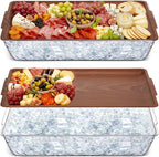 Baderke 2 Set 16" x 9" Plastic Chilled Serving Tray for Parties with Compartments Ice Chilled Party Platter Charcuterie Serving Board Cold Dish Dip for Fruit Seafood Vegetable Appetizer (Dark Wood)