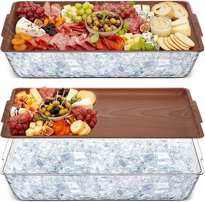 Baderke 2 Set 16" x 9" Plastic Chilled Serving Tray for Parties with Compartments Ice Chilled Party Platter Charcuterie Serving Board Cold Dish Dip for Fruit Seafood Vegetable Appetizer (Dark Wood)